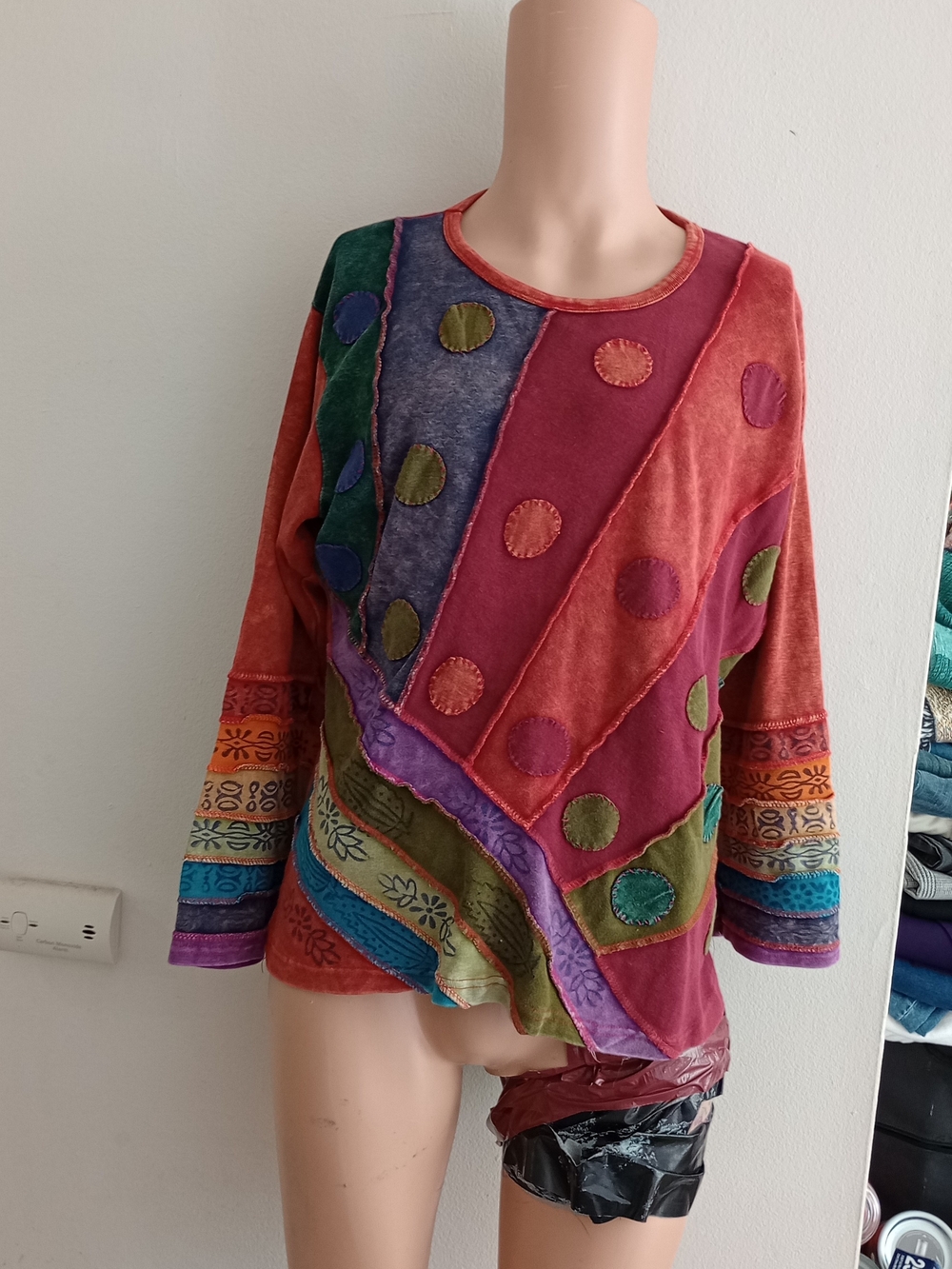 Multicolor Patchwork Long Sleeve Tee - Vibrant Boho Style
